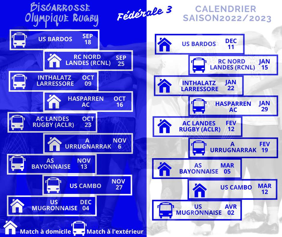 Actualité - SAISON 2022/2023 - CALENDRIER DES OPPOSITIONS - club Rugby