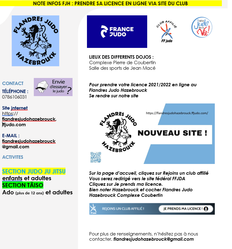 Actualité Prendre sa licence 21/22 au Flandres Judo... club Judo